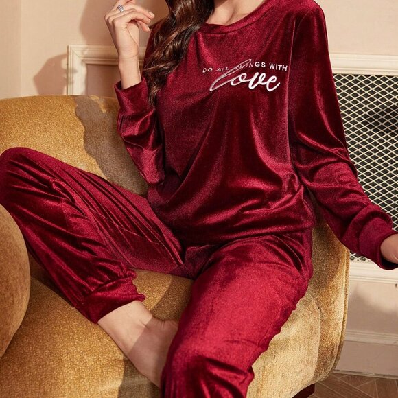 Burgundy Women's Contrast Color Letter Embroidered Velvet Lounge set - Picture 1 of 6